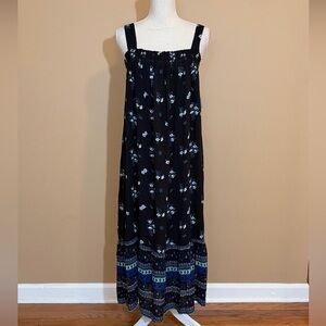 Old Navy Black Blue Floral Smocked Gauze Shift Midi Dress Medium